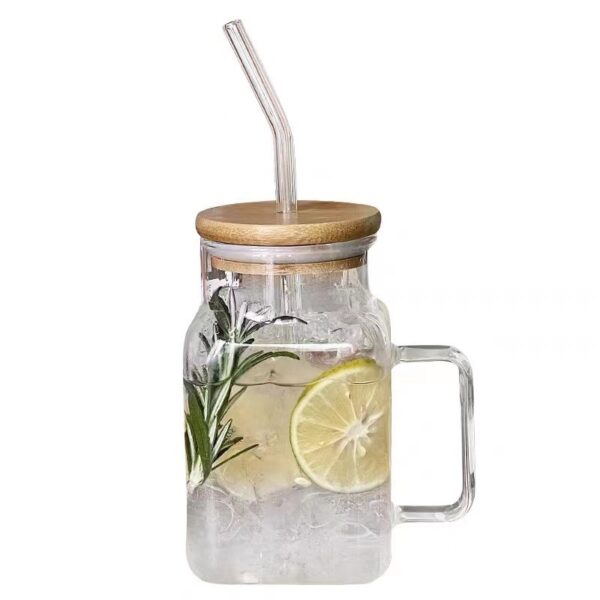 Borosilicate Transparent Glass Square With Lid Cup With Straw - Image 7